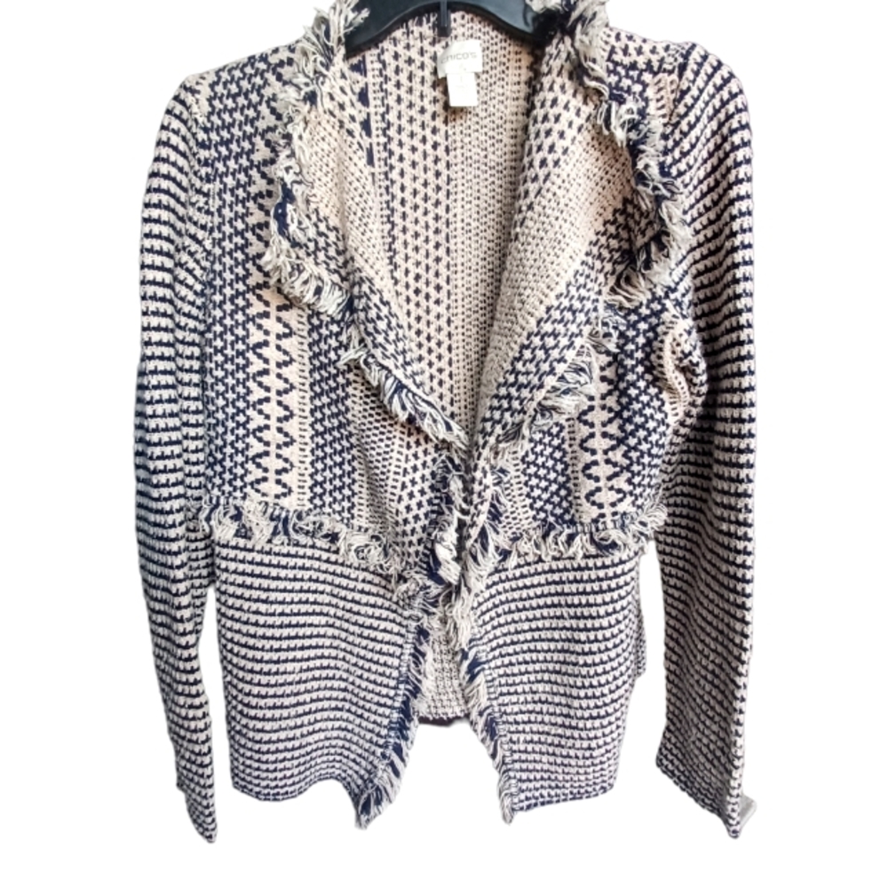 Chicos tan/ navy wovrn draped open front cardigan with fringe detail sz 1